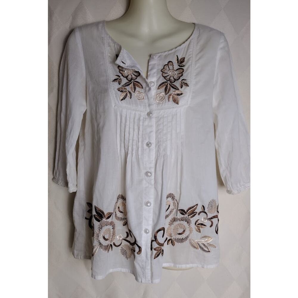 Future State 3/4 Sleeve Embroidered‎ Top, Cream/Brown, Sz S